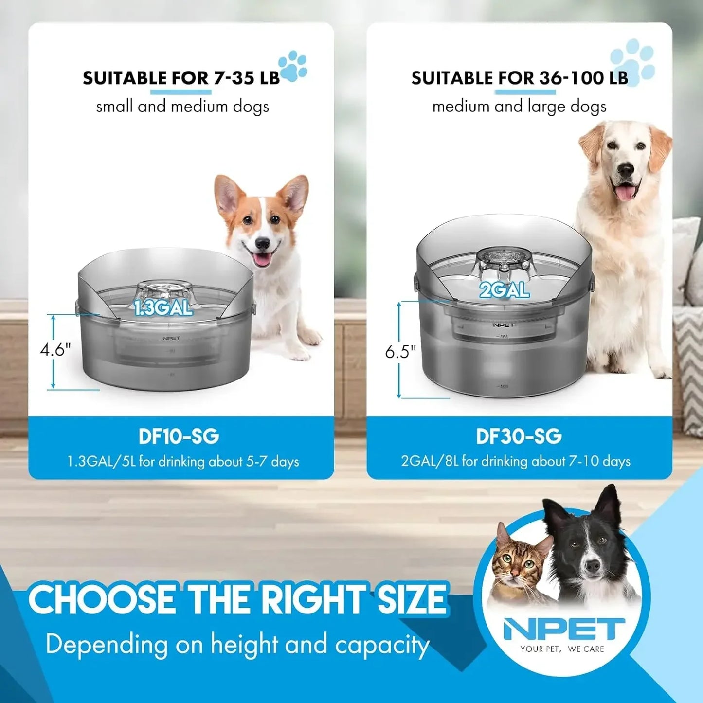 NPET DF10-SG Dog Water Fountain, 1.3 Gallon/170oz/5L Large Automatic Dog Water Bowl with Splatter Guard