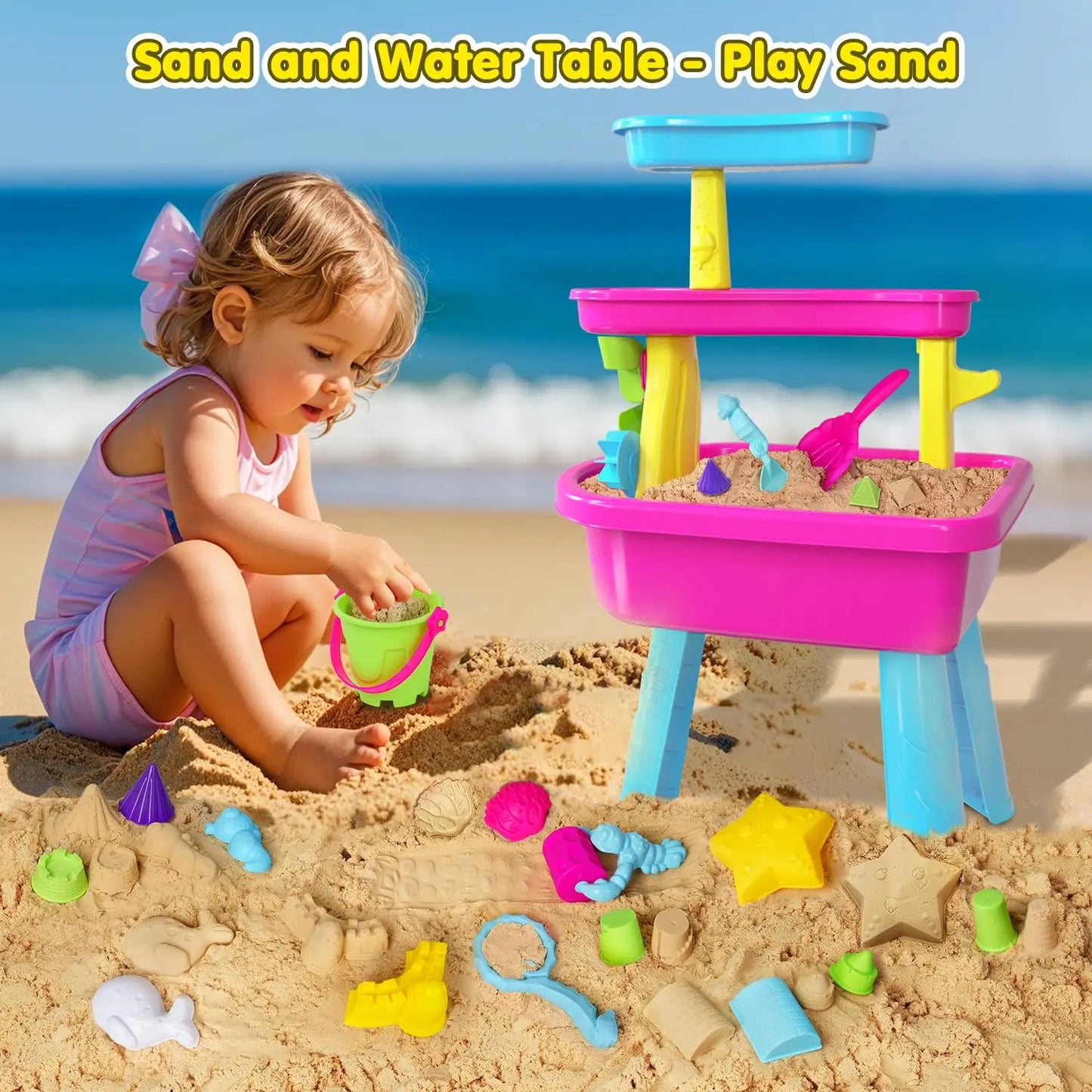 VATOS 3-Tier Water Table for Toddlers 37-Piece Kids Water Table Rain Shower Pool Set for Sensory Sand Water Play  Summer Toys