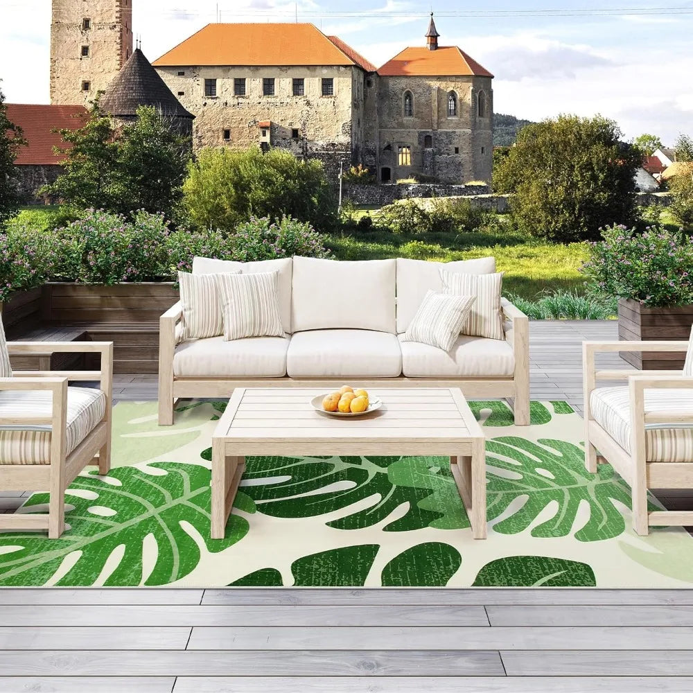 Leaf Indoor Outdoor Area Rugs for Living Room, 8x10 Green Washable Rug Tropical Monstera Plant Non-Slip Bedroom Rugs, Large Acc