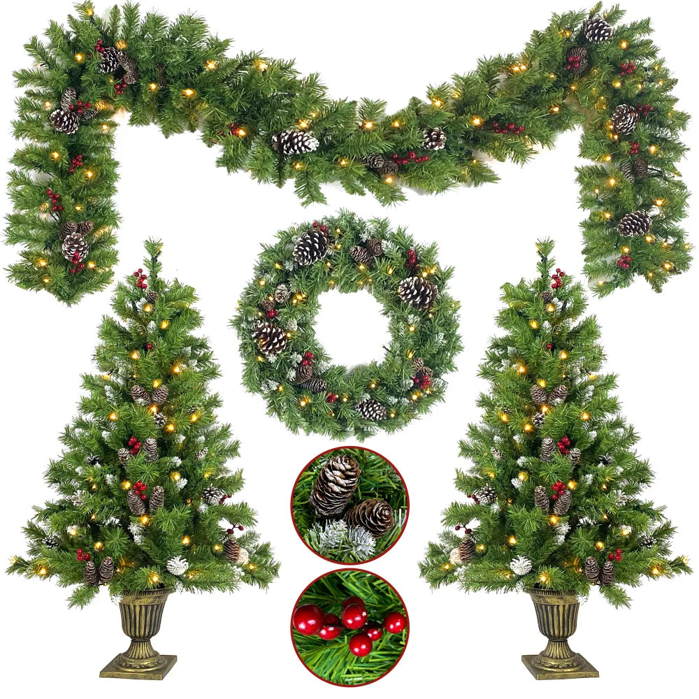 Pre-lit Xmas 4-Piece Set: Tree, Garland, Wreath, 2 Entrance Trees with LED Lights. Compact Decor Set.