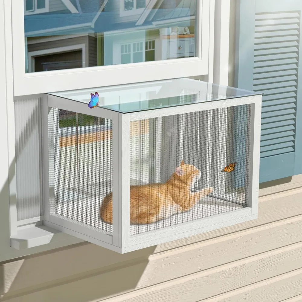 Cat Window Box, Universal Cat Window Perch Catio with Waterproof Transparent Top Fits Double Hung Frames 24" to 42.5" Wide, for