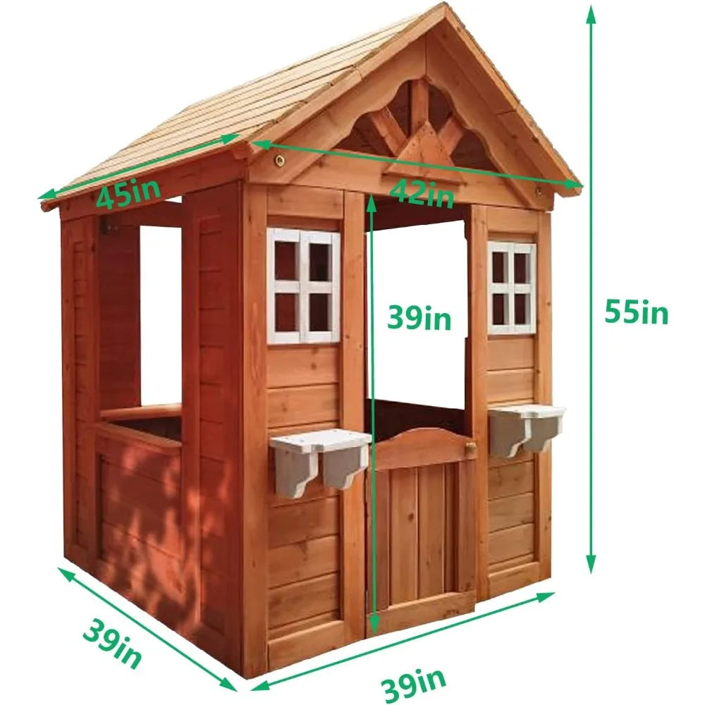 Wooden Outdoor Playhouse, Wooden Play House Playground for Backyard with 2 Windows and Flowerpot Holder,42" Lx46 Wx55 H