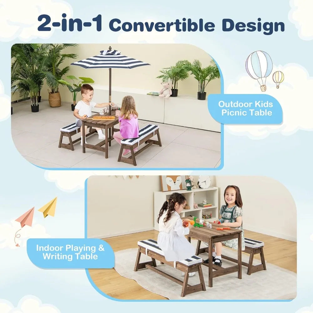 Kid Picnic Table, Outdoor Wooden Table & Bench Set w/Removable Cushions and Umbrella, Stripe Fabric, Children Backyard Furniture