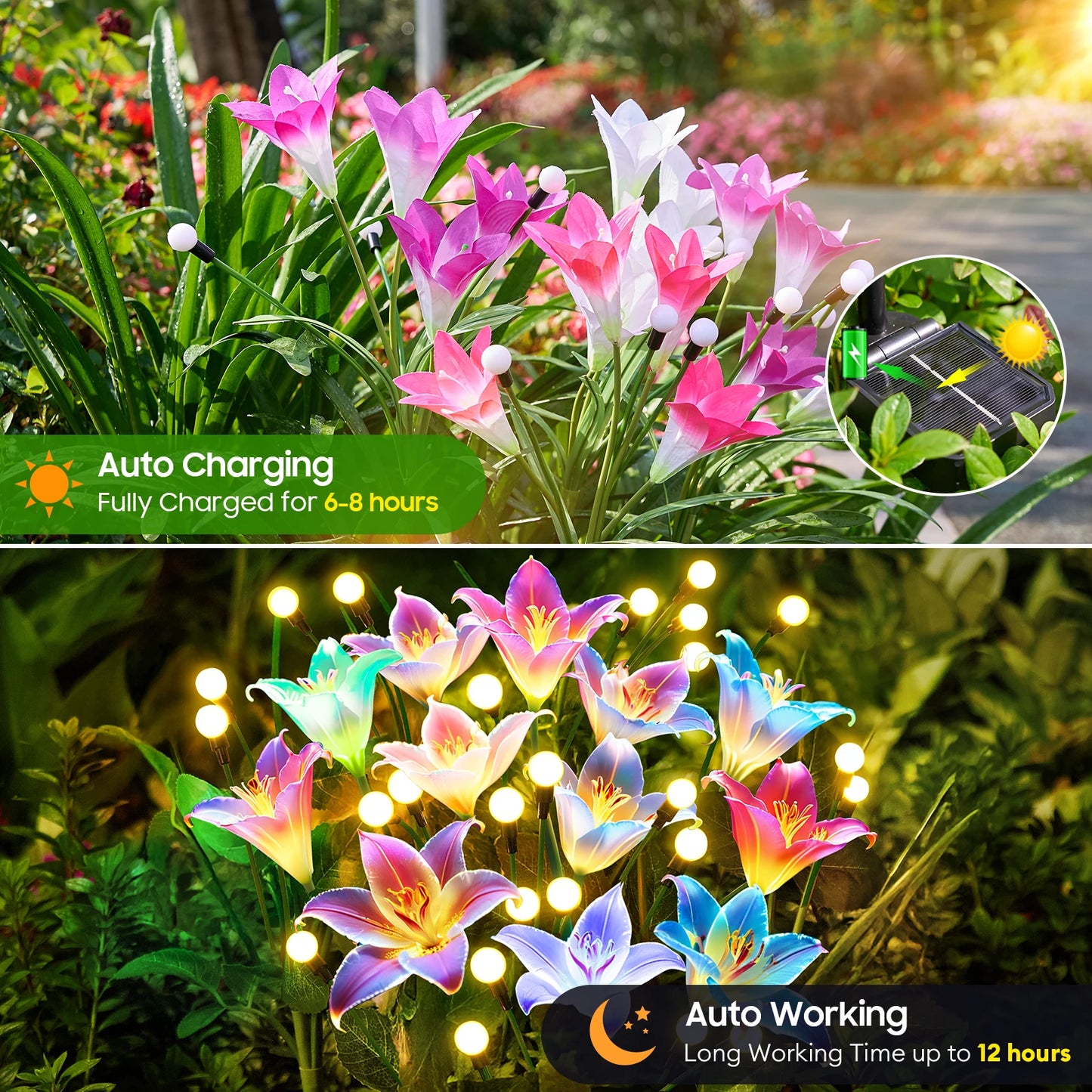 4/8Pack Solar Lights: Realistic Lilies & Fireflies, 7 Colors for Patio/Garden/Events/Holidays, Outdoor Decor Gift