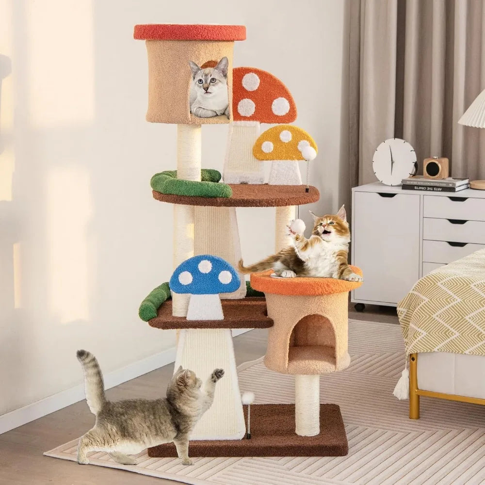 Very Tangkula Mushroom Cat Tree, Multi-Level Cute Cat Tower With Full-Wrapped Sisal Posts, Scratching Boards & Interactive Balls