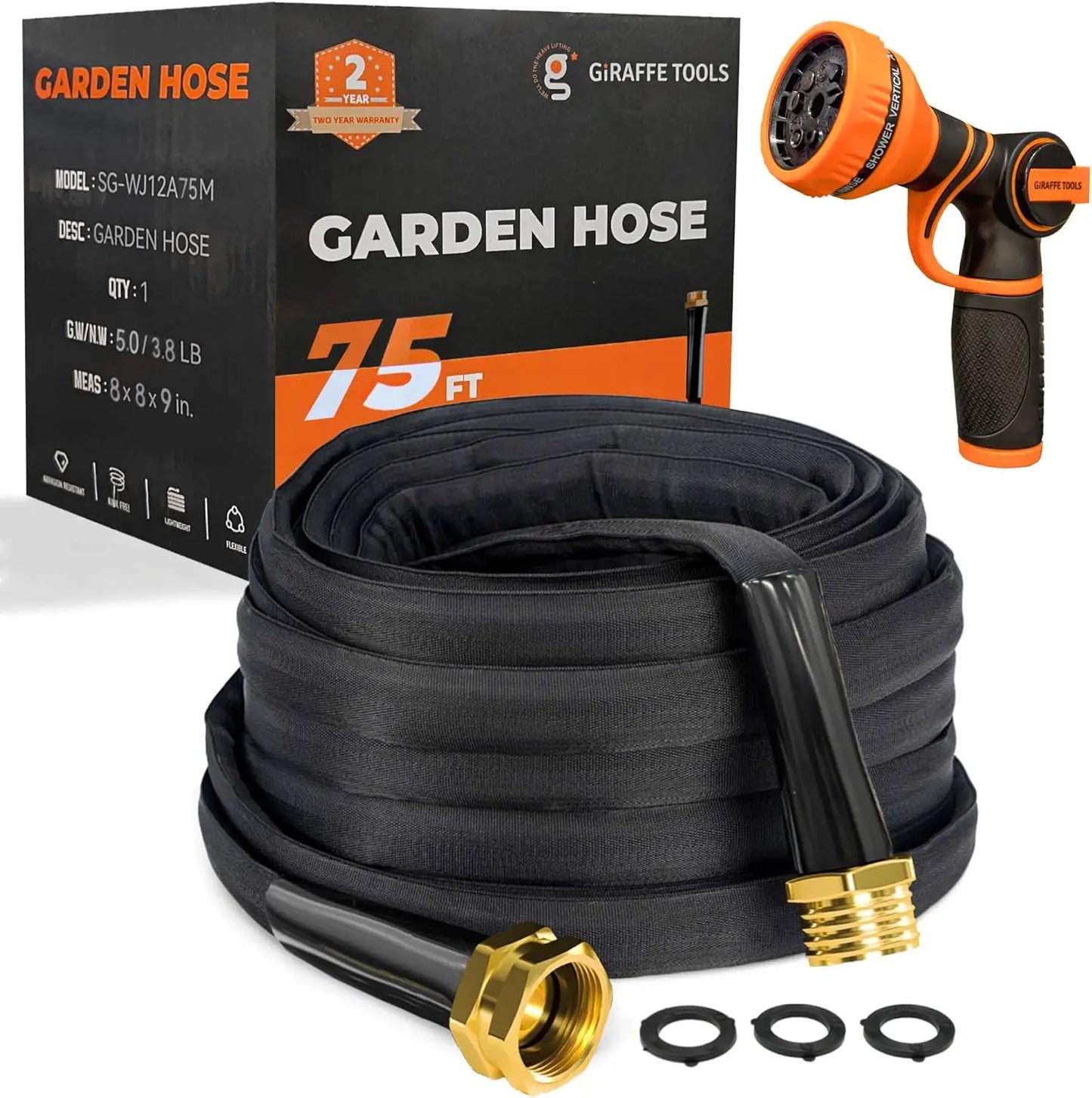Giraffe Tools Garden Hose Lightweight Lay Flat Water Pipe Kink Free Flexible Hose with 9 Spray Function Nozzle(Black)