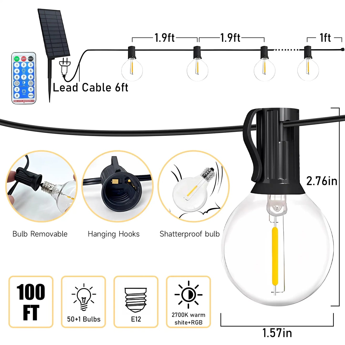 100ft   Solar Outdoor String Lights, Waterproof Patio Lights with Remote, 50 LED Bulbs, 8 Lighting Modes, for Yard Outside