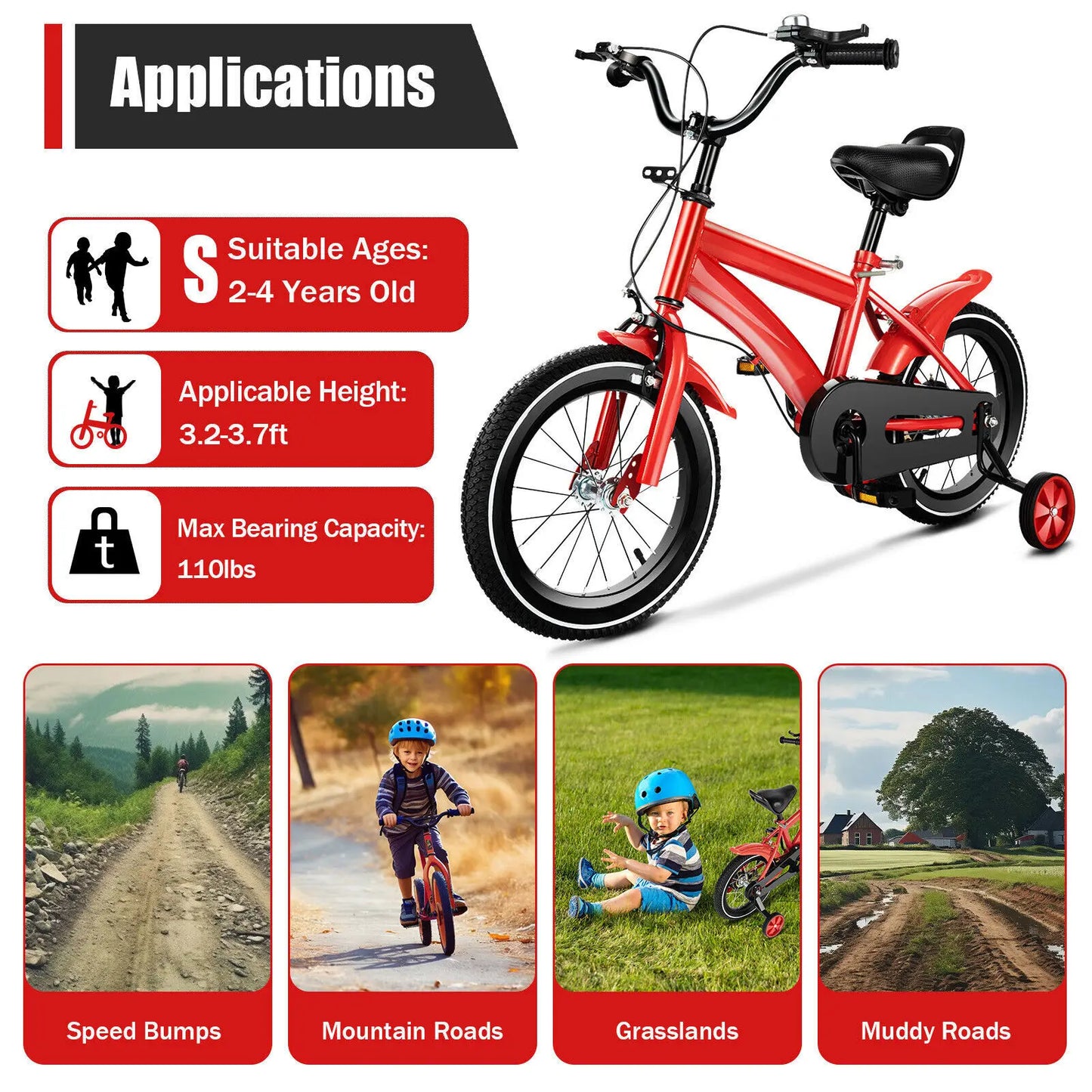 14" Children's Bicycle Kids Bike w/ Training Wheels Dual Brakes Child Bike for Boys Girls Age 3-6 Years Red