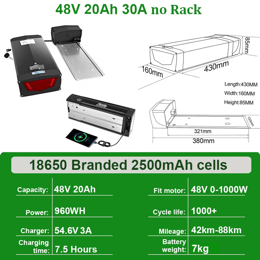 Rear Rack eBike Battery 21700 18650 52V 48V 28Ah 24Ah 20Ah With Double Luggage for 2000W 1500W 1000W 750W 500W 24"-28 inch Motor