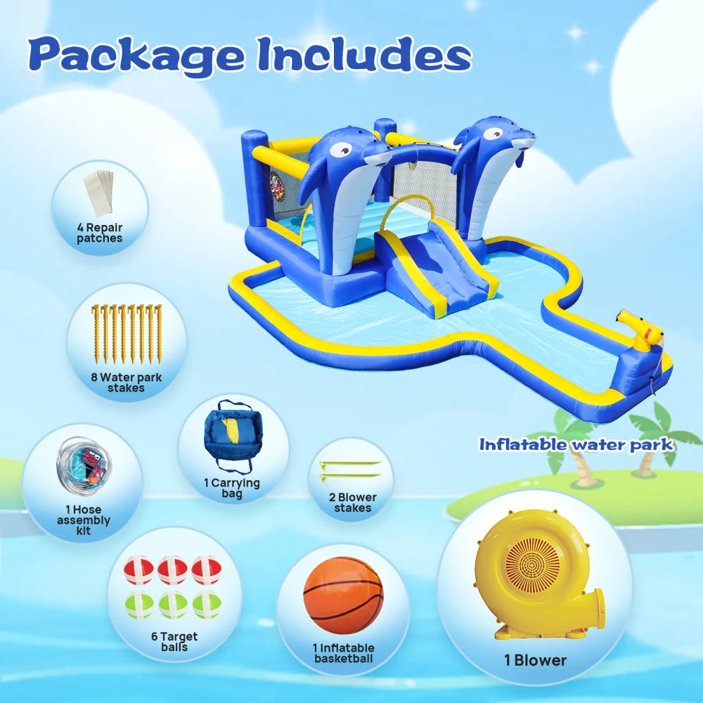 6 in1 Inflatable slide water park trampoline bouncing house outdoor garden with  Dolphin sprinkler & Target games & Water gun