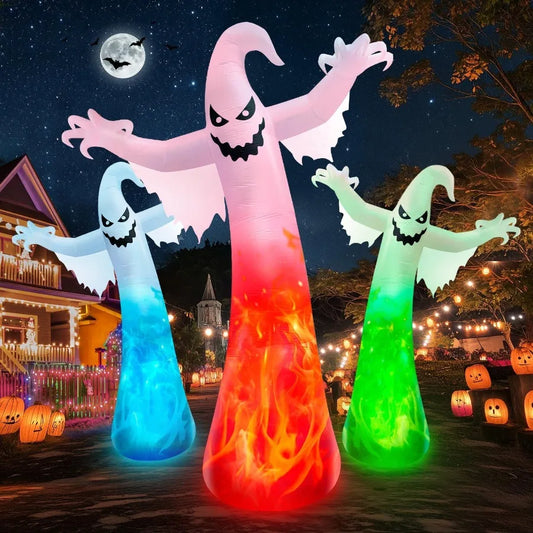 12FT Giant Halloween Inflatable Ghost with 3Colored Flame Rotation LED Lights for Outdoor Yard Decoration Large Spooky BlowUp D