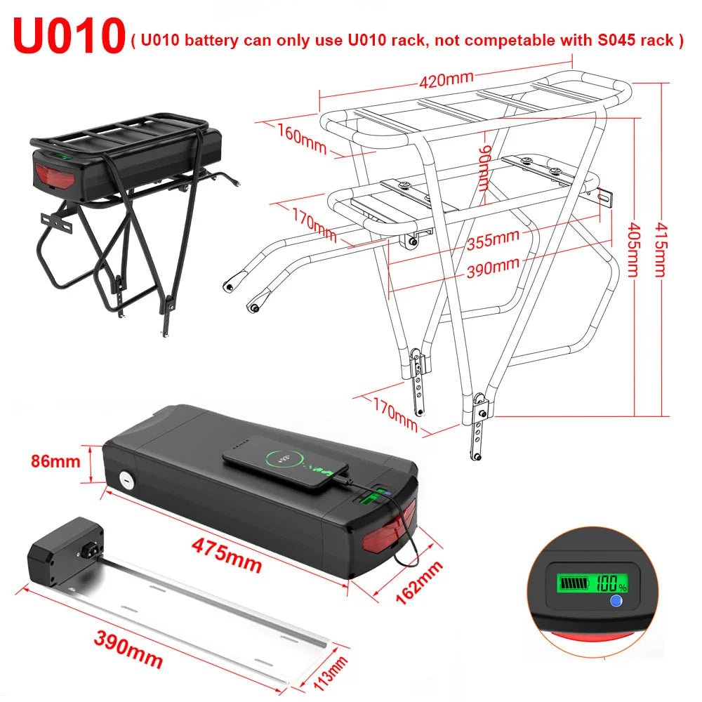 Rear Rack eBike Battery 21700 18650 52V 48V 28Ah 24Ah 20Ah With Double Luggage for 2000W 1500W 1000W 750W 500W 24"-28 inch Motor