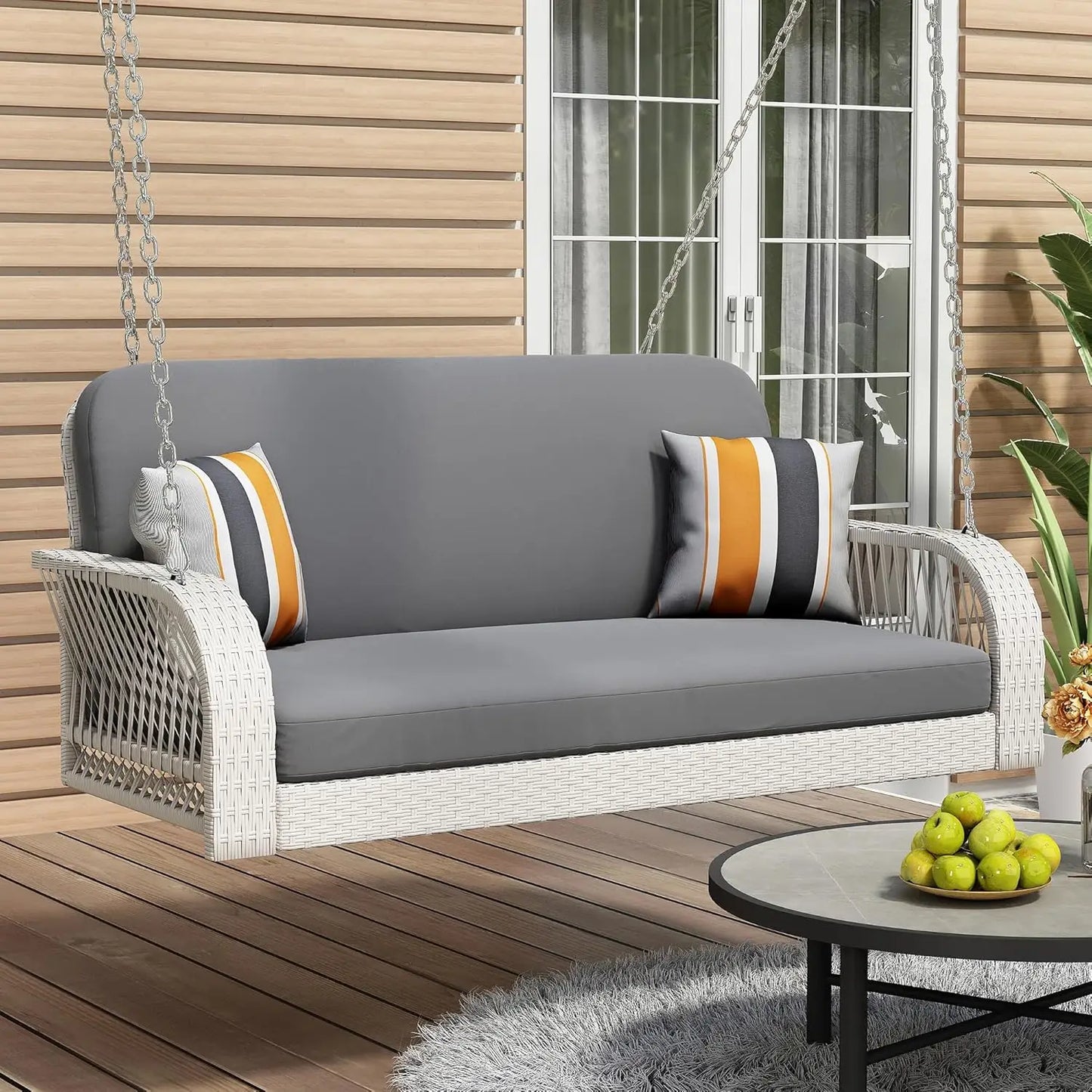 Porch Swing Loveseat, Outdoor Patio Furniture Rattan Wicker Swing Chair with Adjustable Chains, 2-Person Hanging Seat Porch