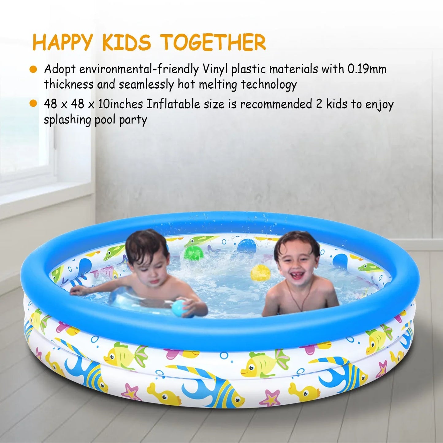 48x10” Inflatable Swimming Pool Blow Up Family Pool For 2 Kids Foldable Swim Ball Pool Center w/ 3 Velvets Water Drain Plug