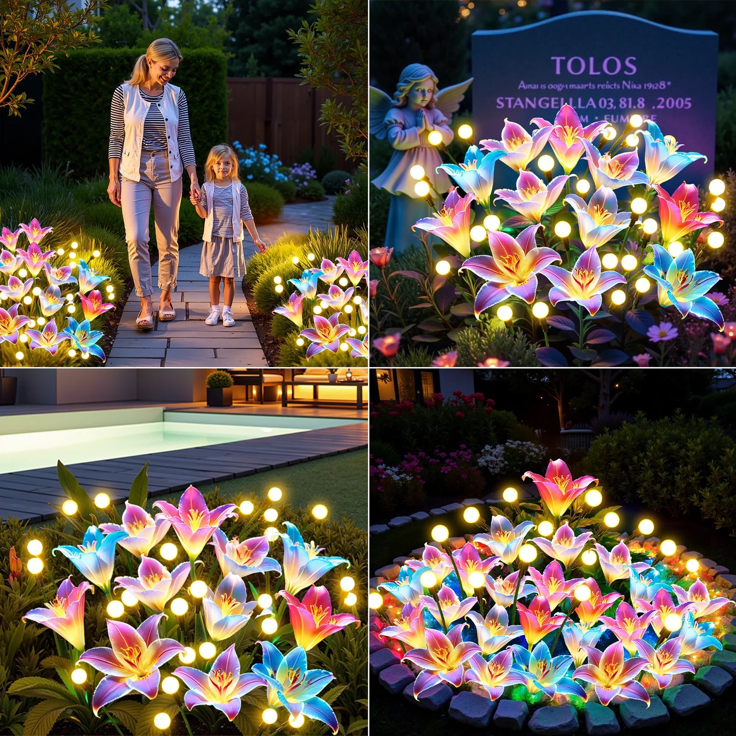 4/8Pack Solar Lights: Realistic Lilies & Fireflies, 7 Colors for Patio/Garden/Events/Holidays, Outdoor Decor Gift