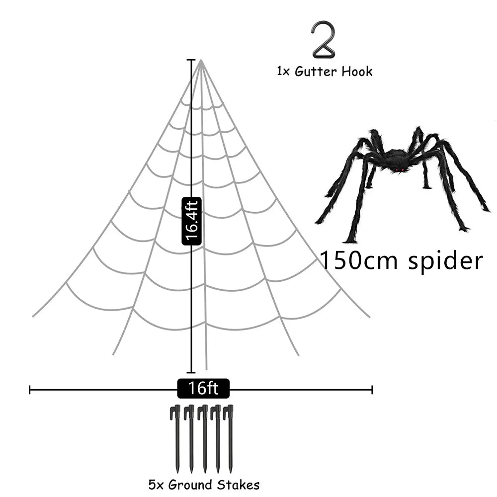 5m Spider Web 1.5m Big Plush Spider Decoration Furry Spider Set Outdoor Garden Courtyard Party Ornament Accessories Toys