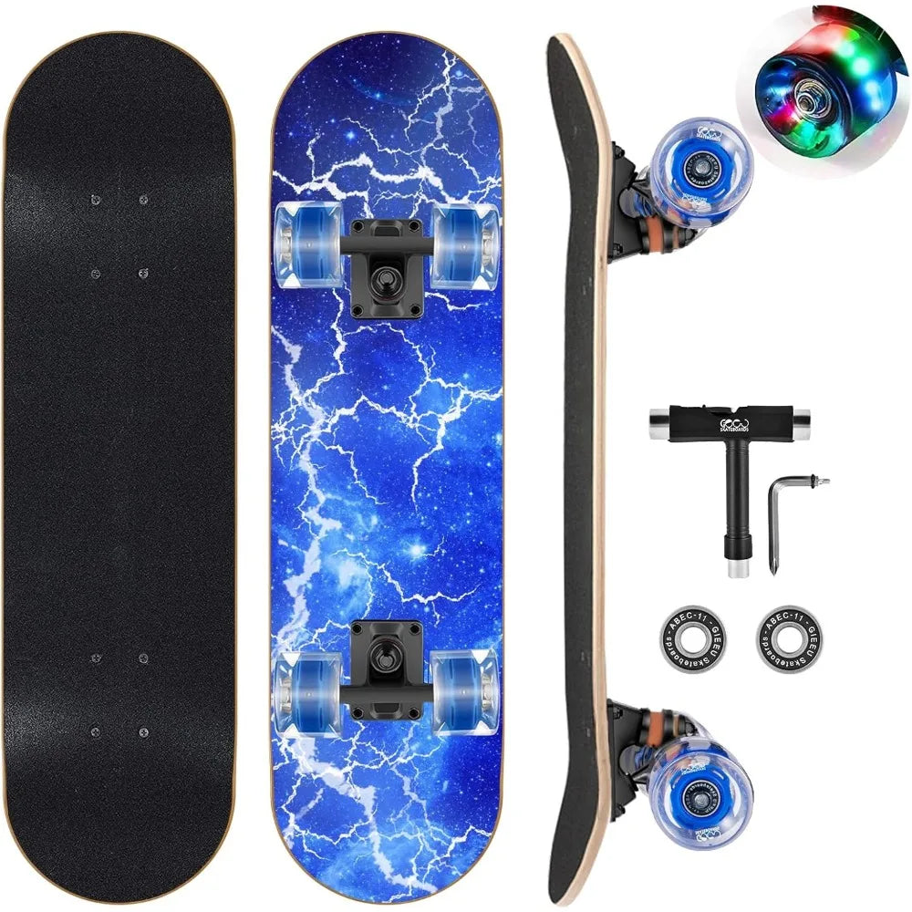 Skateboards with Colorful Flashing Wheels for Beginners,Kids,Teens,Adults, Complete Standard Skate Boards 9 Layer Canadian Maple