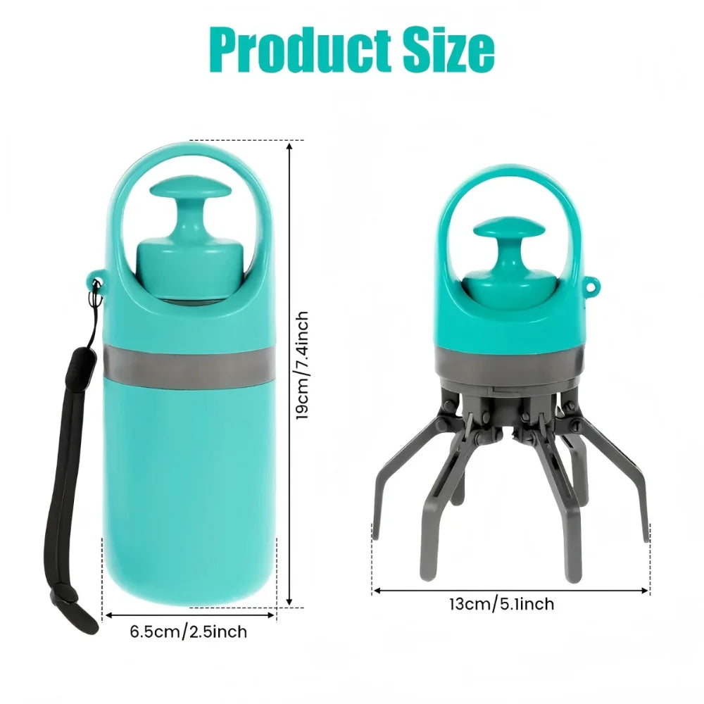 Portable Dog Poop Scooper with Leak-Proof Bag Dispenser, Durable Teal Claw, Compact Lightweight Design for Pet Waste Management.