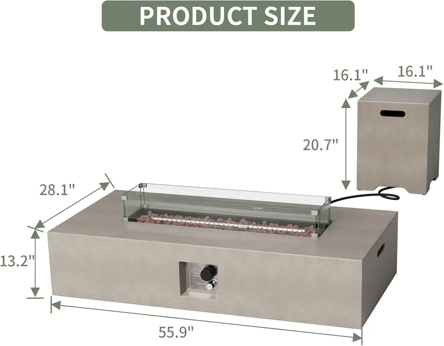 2-Piece Outdoor Propane Fire Table Set Rectangle Concrete 56-inch x 28-inch Gray Fire Pit (50000 BTU) w 20lb Tank Table