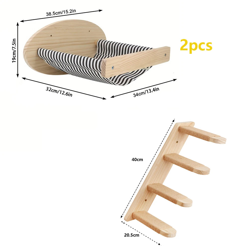 Wall Mounted Cat Tree Wooden Shelves Scratching Posts Climbing Cat Perches Hammock with Steps and Ladder Pet Wooden Furniture