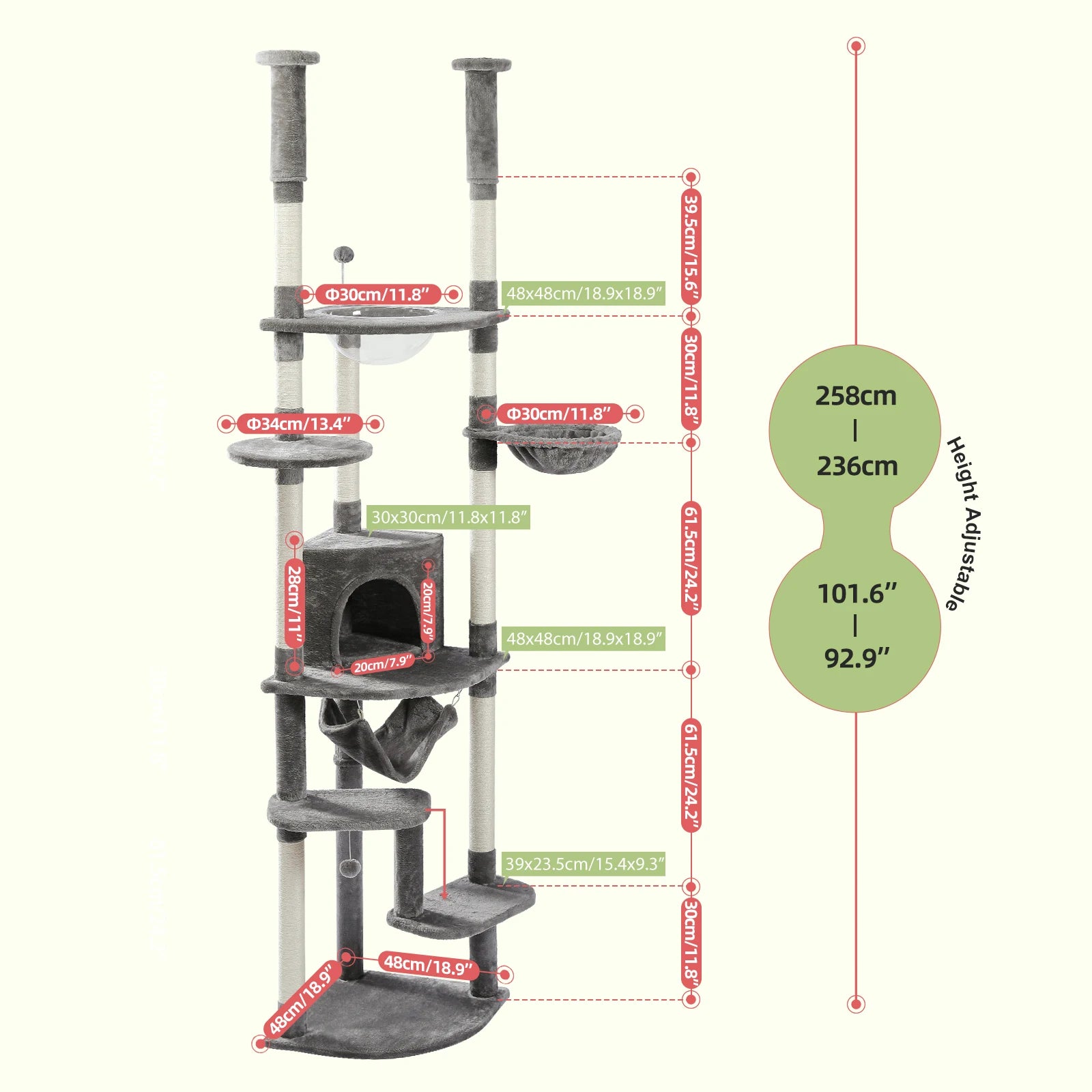 Floor to Ceiling Cat Tree with Sisal Scratching Posts Cozy Condo Hammock Adjustable Height Tall Cat Tower for Indoor Cat Toys - Quick and EZ Shop