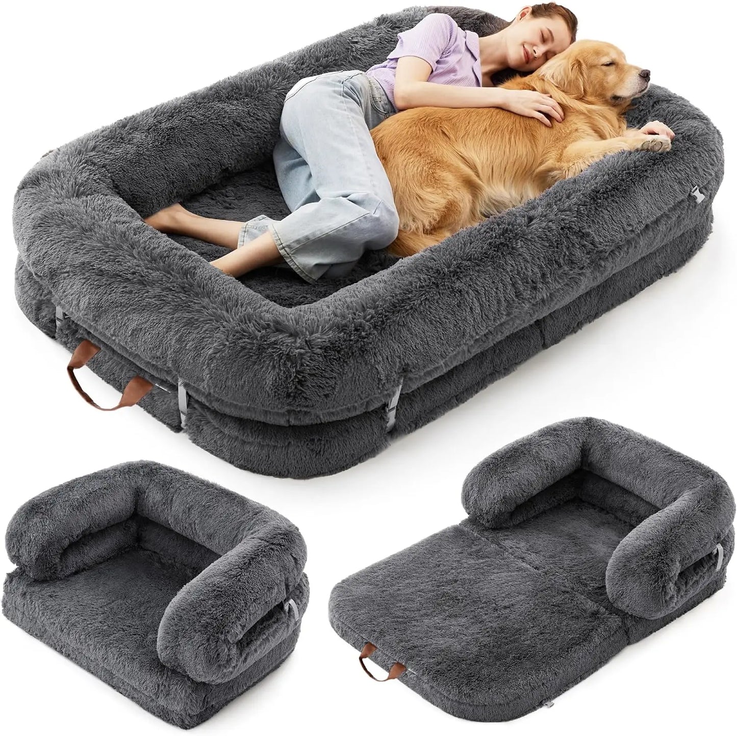 Foldable Human Dog Bed - 3-in-1 Orthopedic Giant Bean Bed with Waterproof Liner, Calming Faux Fur for Adults and Pets - Quick and EZ Shop