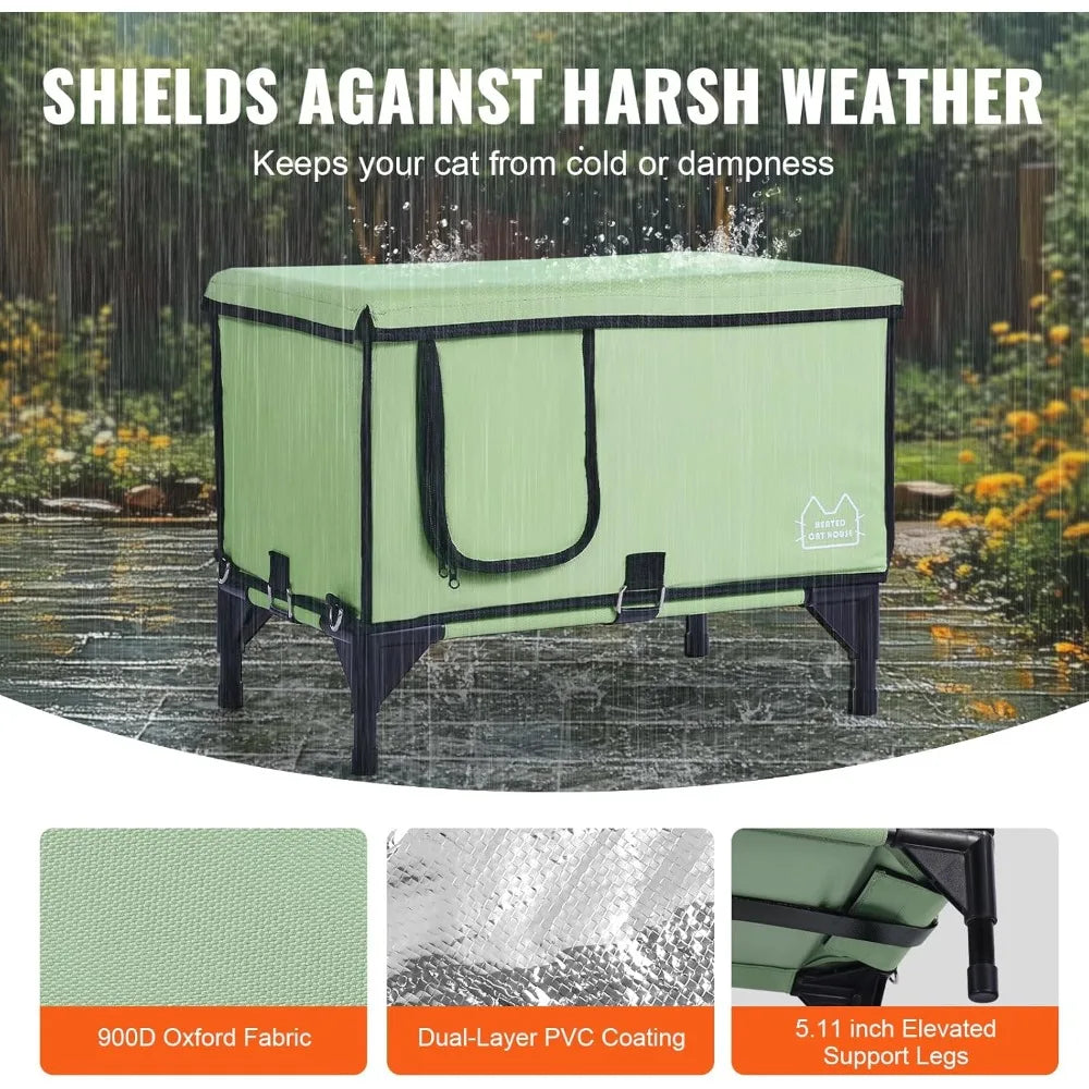 Elevated Heated Cat House, Cuboid Kitty Shelter, 900D Oxford Cloth Foldable Cat Shelter with Heated Pad for Winter to Stay Warm
