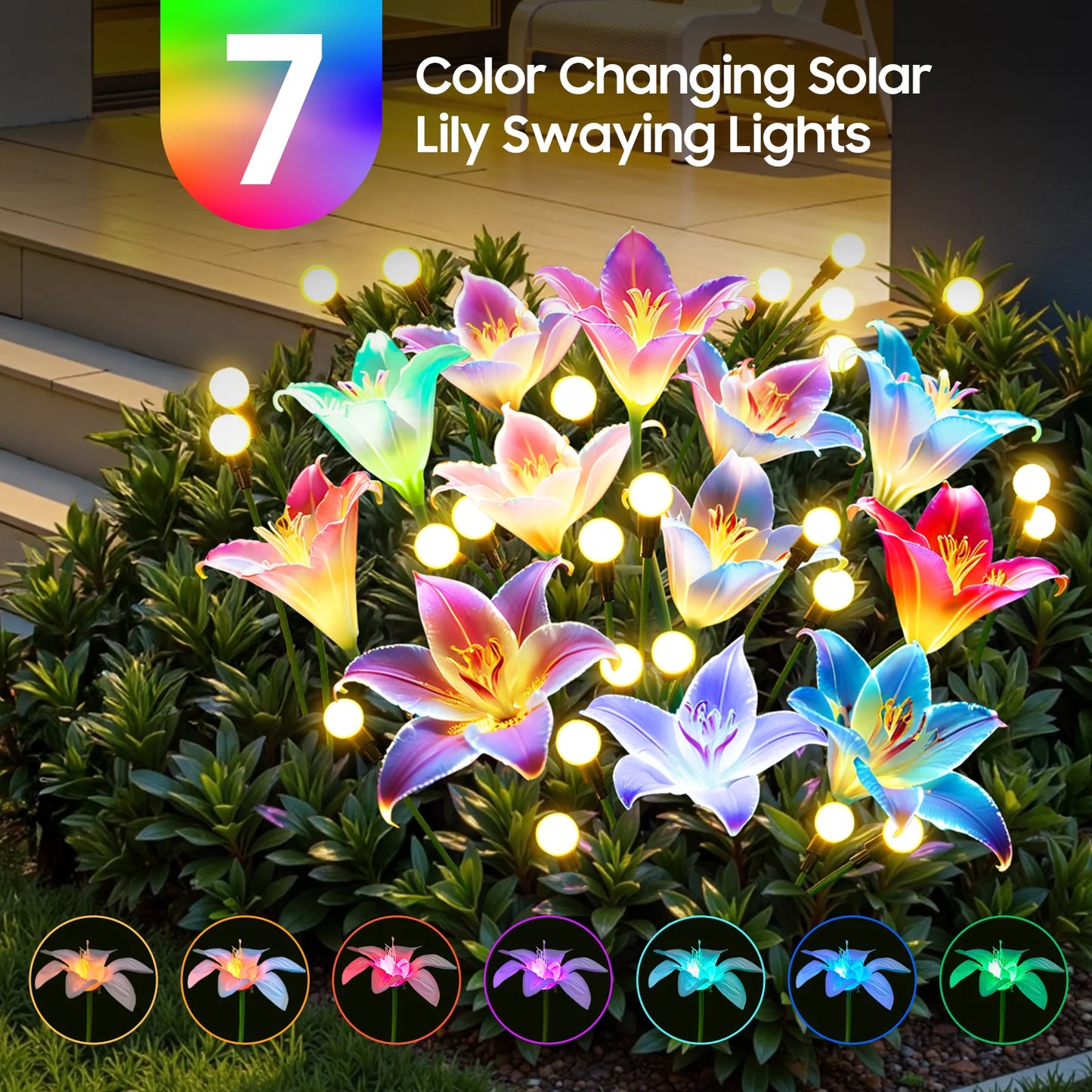 4/8Pack Solar Lights: Realistic Lilies & Fireflies, 7 Colors for Patio/Garden/Events/Holidays, Outdoor Decor Gift