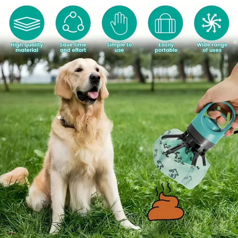 Portable Dog Poop Scooper with Leak-Proof Bag Dispenser, Durable Teal Claw, Compact Lightweight Design for Pet Waste Management.