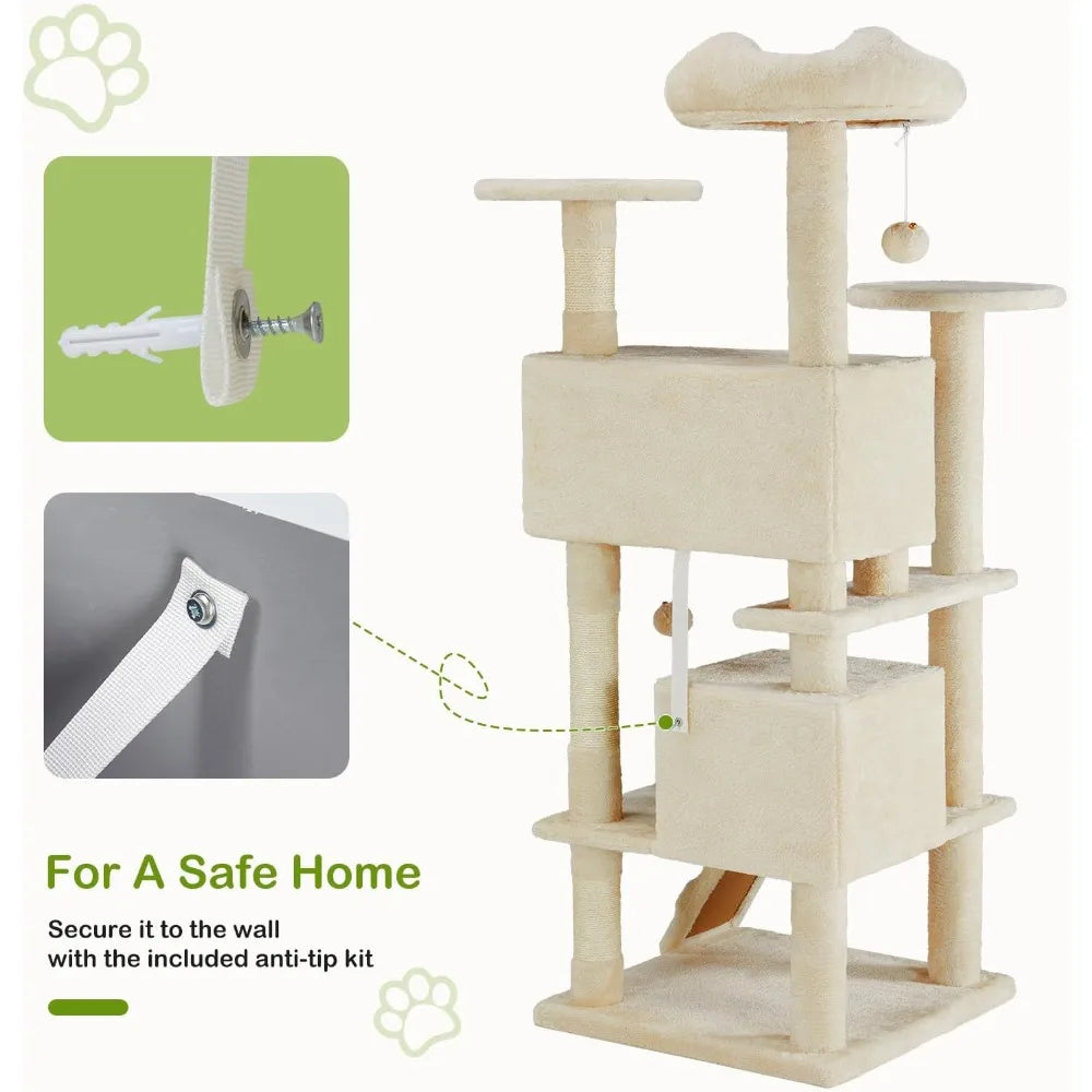 DUMOS 54-inch Indoor Cat Tree Tower –Multi-Level Pet House for Large Cats with 2 Condos, Scratching Posts, Round Platform, Small - Quick and EZ Shop