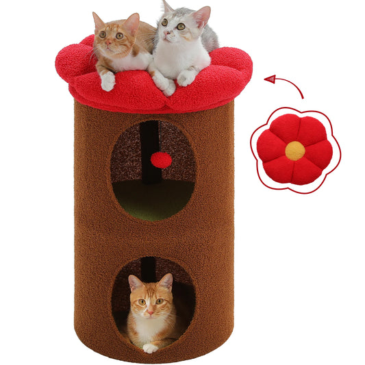 Double-Deck Cat House with Cozy Large Condos, Spacious Cat Bed with Luxury Flower Perch, Pompom Ball, Cat Furniture for Indoor