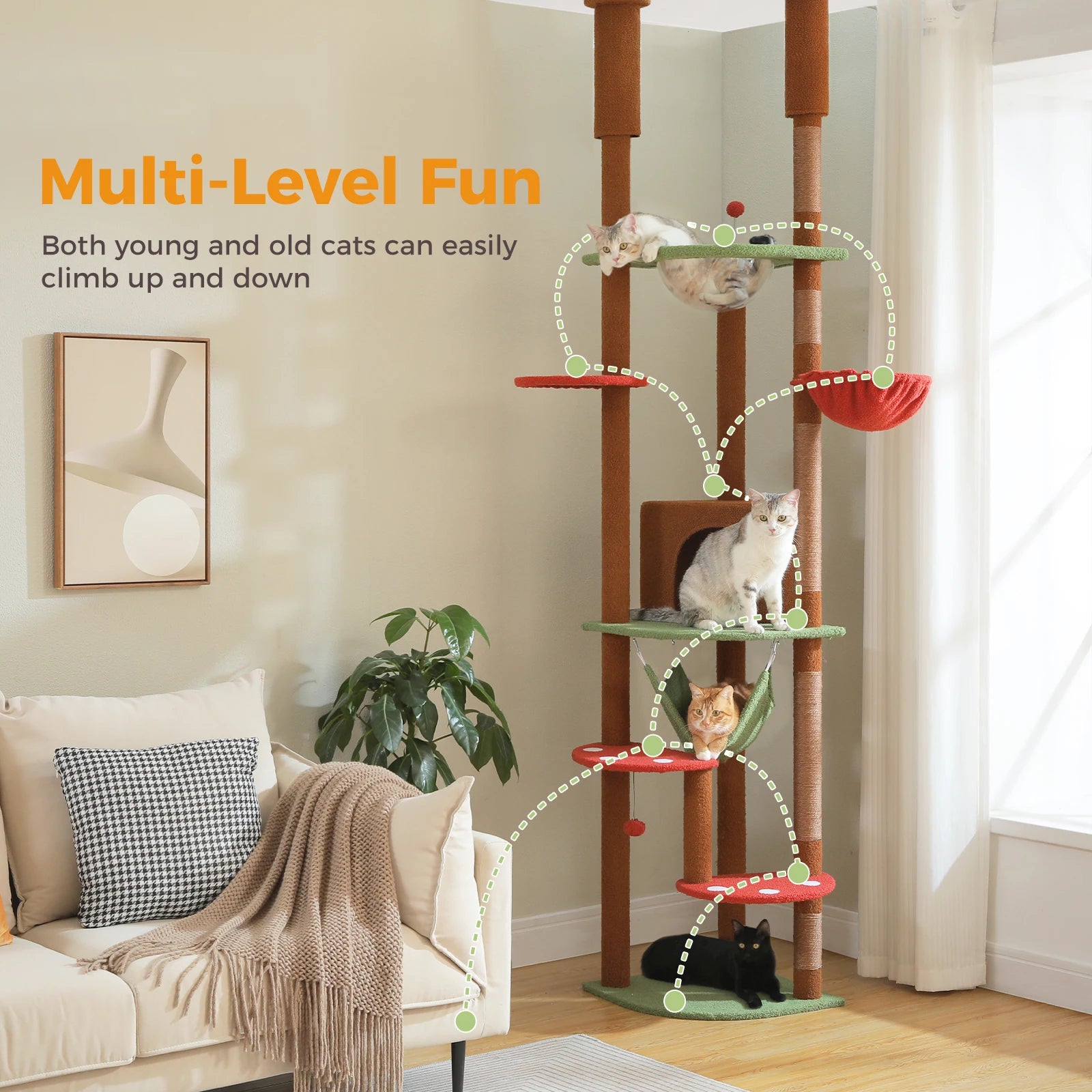 Floor to Ceiling Cat Tree with Sisal Scratching Posts Cozy Condo Hammock Adjustable Height Tall Cat Tower for Indoor Cat Toys - Quick and EZ Shop