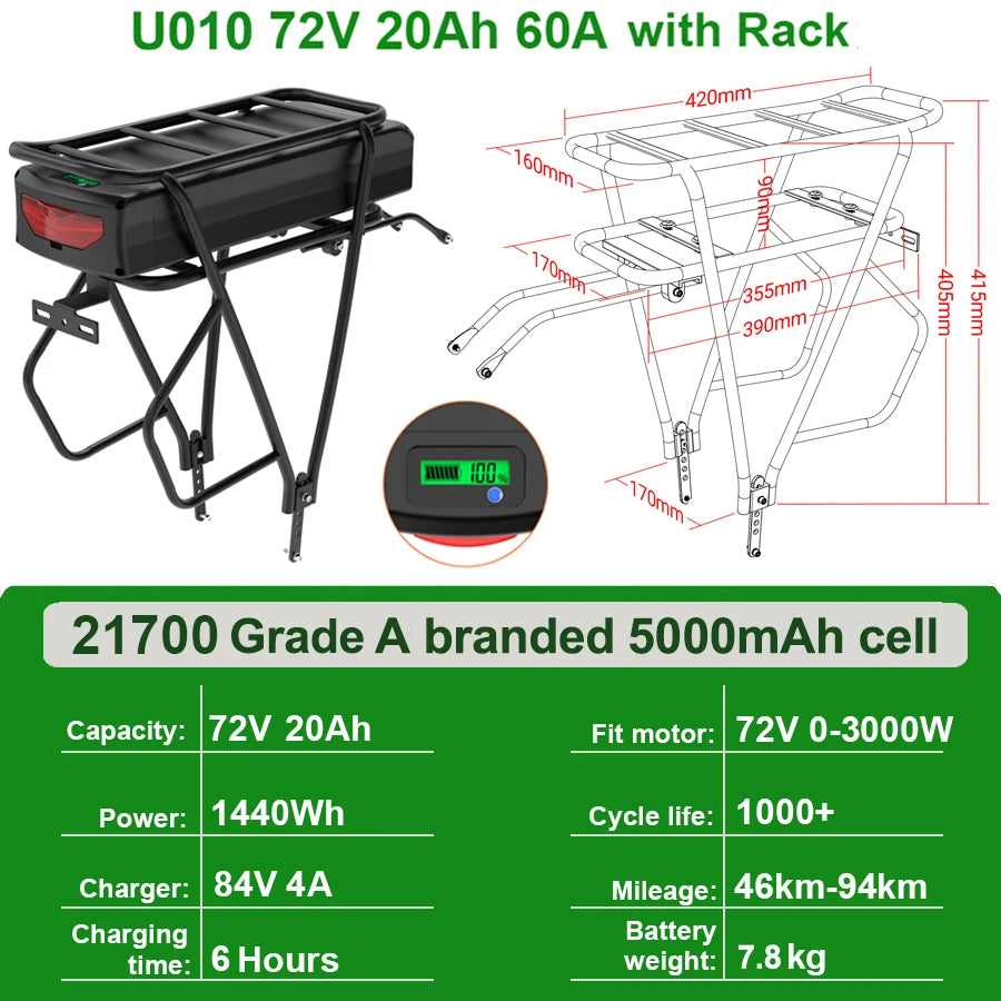 Rear Rack eBike Battery 21700 18650 52V 48V 28Ah 24Ah 20Ah With Double Luggage for 2000W 1500W 1000W 750W 500W 24"-28 inch Motor