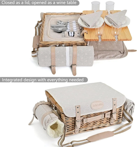 Multifunctional Wicker Picnic Basket Set for 4 with Blanket and Picnic Table, Insulated Picnic Set with Full Tablewares