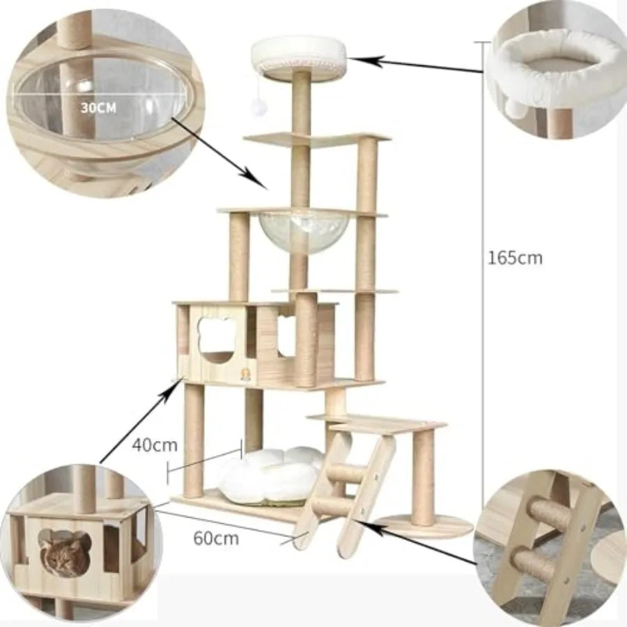 65-Inch Multi-Purpose Wooden Cat Tree Tower with Condo Design Featuring 13 Scratch Posts Padded Platform Bed Interactive Toy Ba - Quick and EZ Shop