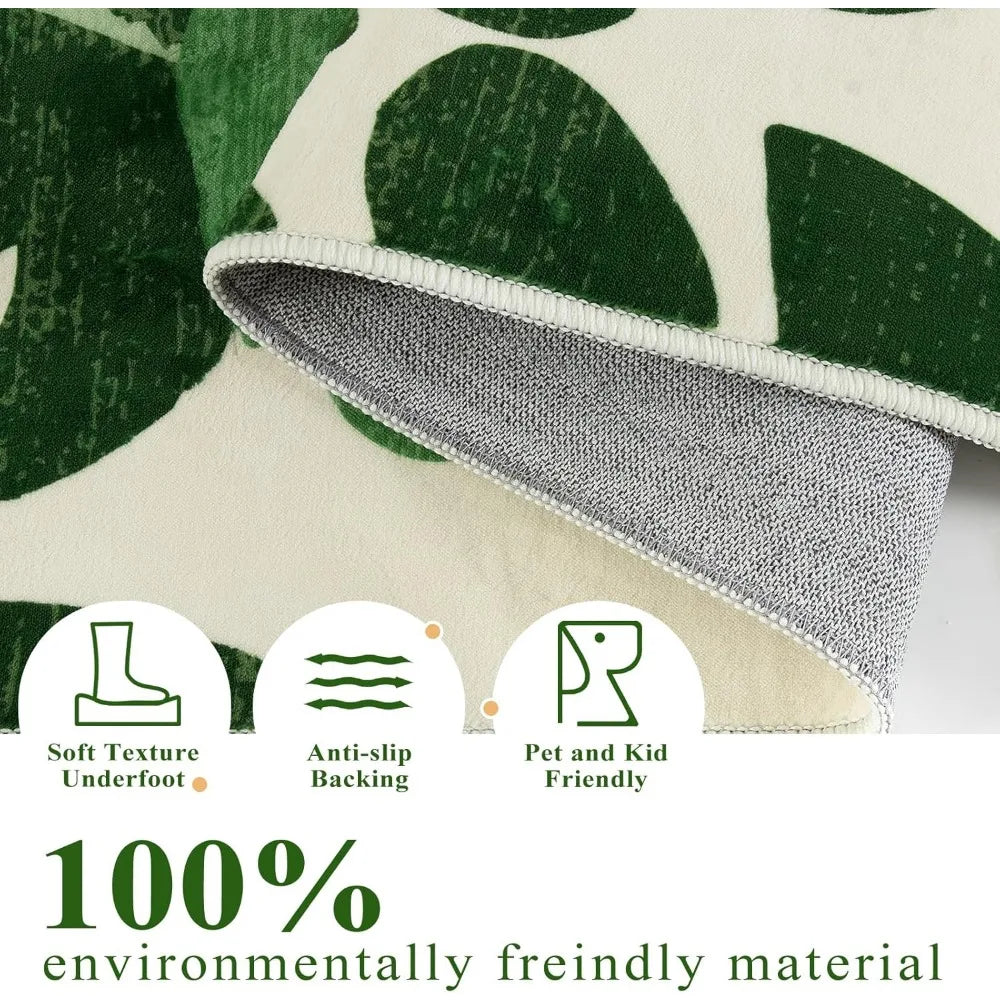 Leaf Indoor Outdoor Area Rugs for Living Room, 8x10 Green Washable Rug Tropical Monstera Plant Non-Slip Bedroom Rugs, Large Acc