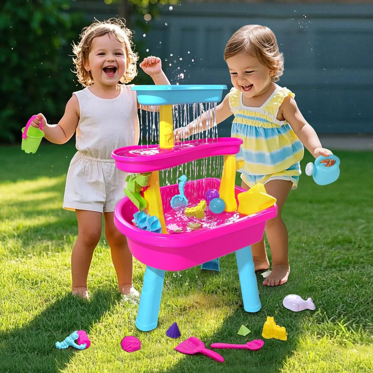 VATOS 3-Tier Water Table for Toddlers 37-Piece Kids Water Table Rain Shower Pool Set for Sensory Sand Water Play  Summer Toys
