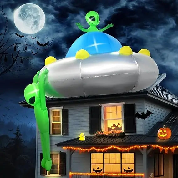 6FT Halloween Inflatable Hanging Alien UFO Outdoors Decoration, Blow Up Yard Decorations Scary Alien Inflatable with Build-in L