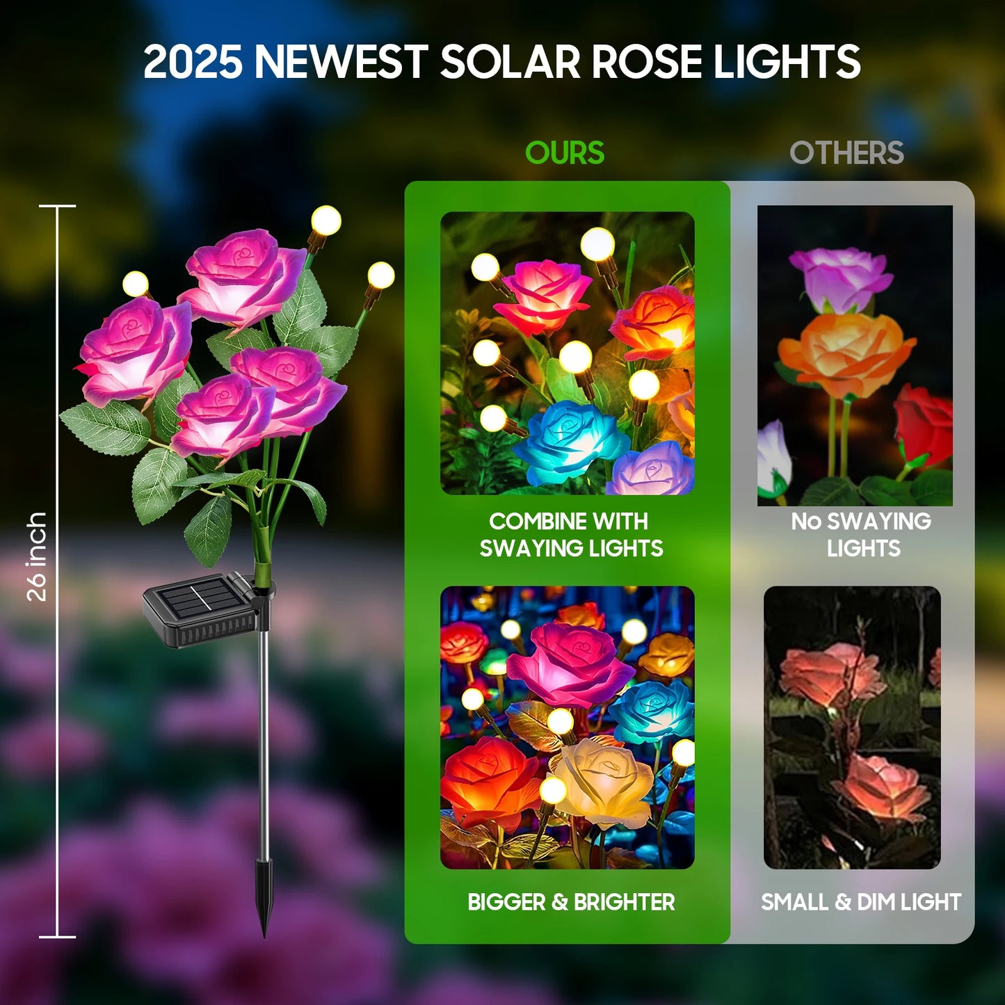 2/4 Pack Solar Rose & Firefly Swing Lights, 7-Color Changing Outdoor Solar Lights for Garden/Patio/Holiday Decor & Gifts