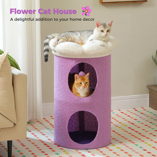 Double-Deck Cat House with Cozy Large Condos, Spacious Cat Bed with Luxury Flower Perch, Pompom Ball, Cat Furniture for Indoor