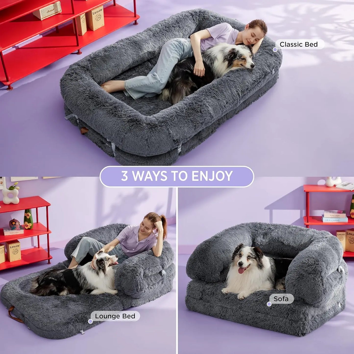 Foldable Human Dog Bed - 3-in-1 Orthopedic Giant Bean Bed with Waterproof Liner, Calming Faux Fur for Adults and Pets - Quick and EZ Shop