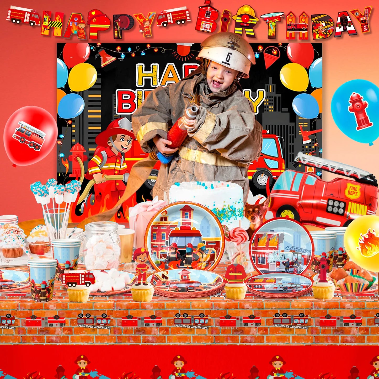 Fire Truck Birthday Party Supplies,70pcs Decorations&Tableware Set-Fire Truck Party Plates Cups Napkins&Themed Balloon Back etc
