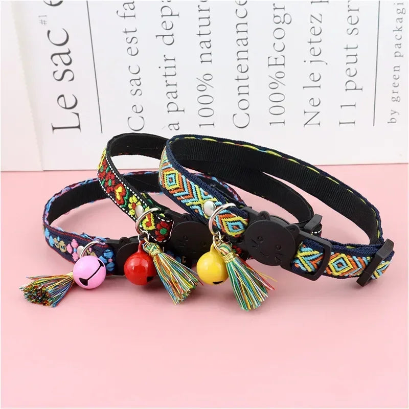 Adjustable cat collar with tassels and bells embellished pet collar colorful plaid jacquard pattern for cat and dog collars