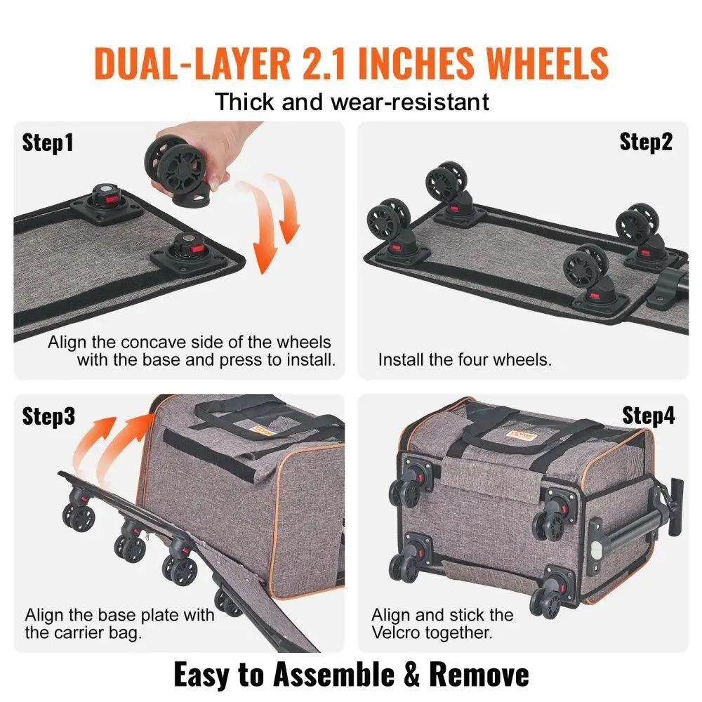 Rolling Cat Carrier with Wheels - Airline Approved Pet Travel Bag, Telescopic Handle & Shoulder Strap, for pets up to 22 lbs,