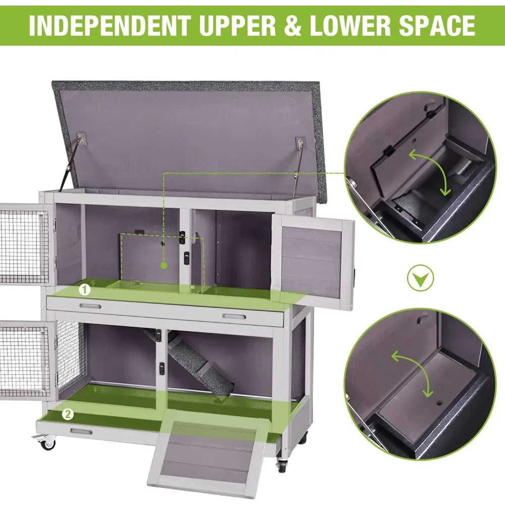 Rabbit Hutch Bunny Cage, Guinea Pig Cage Bunny Hutch Indoor, Wood Pet Cage with 4 Casters -2 Story & 2 Trays