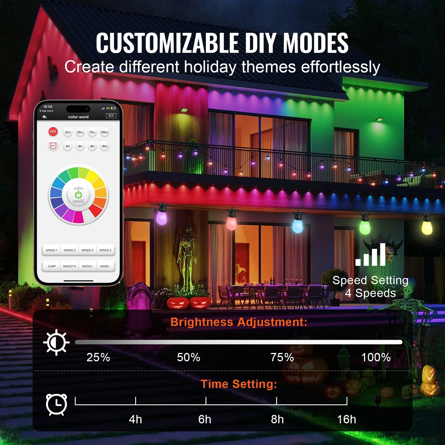 VEVOR RGB Outdoor String Lights with APP Control 15 Single-Color Adjustable Brightness Time Setting Waterproof Hanging Lights
