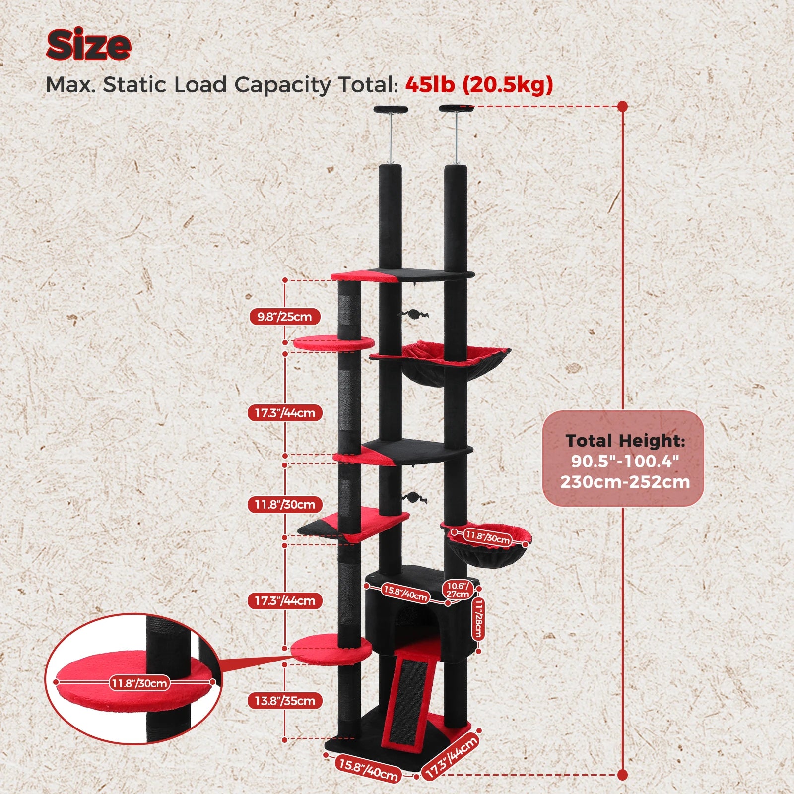 Floor to Ceiling Cat Tree with Sisal Scratching Posts Cozy Condo Hammock Adjustable Height Tall Cat Tower for Indoor Cat Toys - Quick and EZ Shop