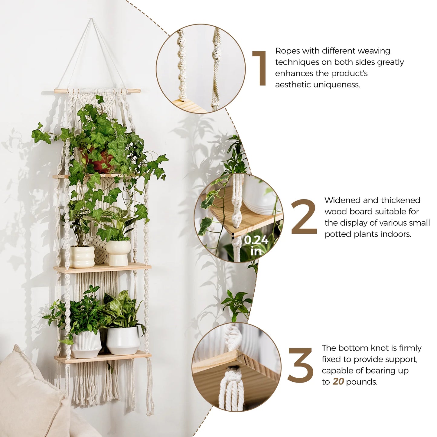 Bamworld 3 Tier Boho Wall Plant Shelf Plant Stand Window Plant Macrame Plant Hangers Room Decor Hanging Bedroom Living Balcony