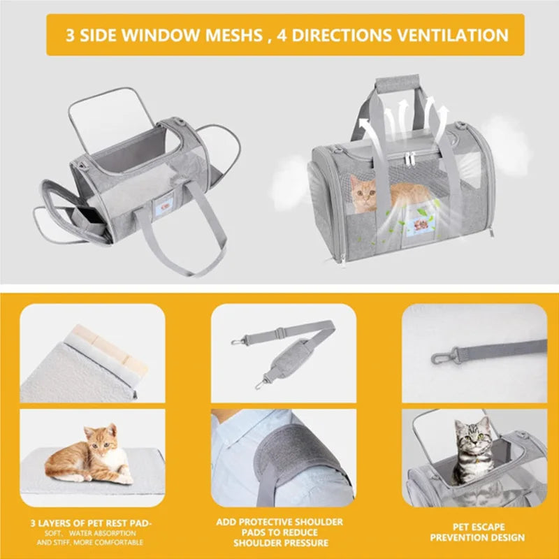New in Foldable Pet Bag Travel Handbag One Shoulder Portable Small Medium-sized 3 Side Windows Solid Nylon Cloth Cat Pet Bags