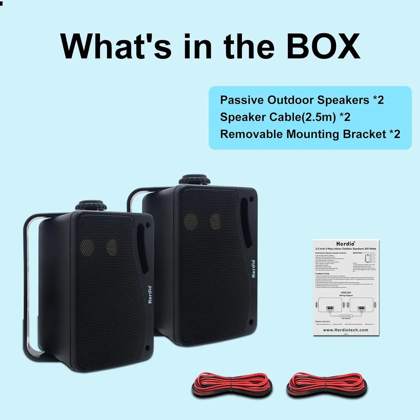 Herdio 2PCS 3.5'' Passive Outdoor Speakers 200W 3 Way Premium Mountable Wall Mount Speakers With Superior Sound Waterproof